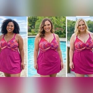 Denim & Co Beach V-Neck Color-Block Swim Dress Magenta Pink Floral Size 16 New